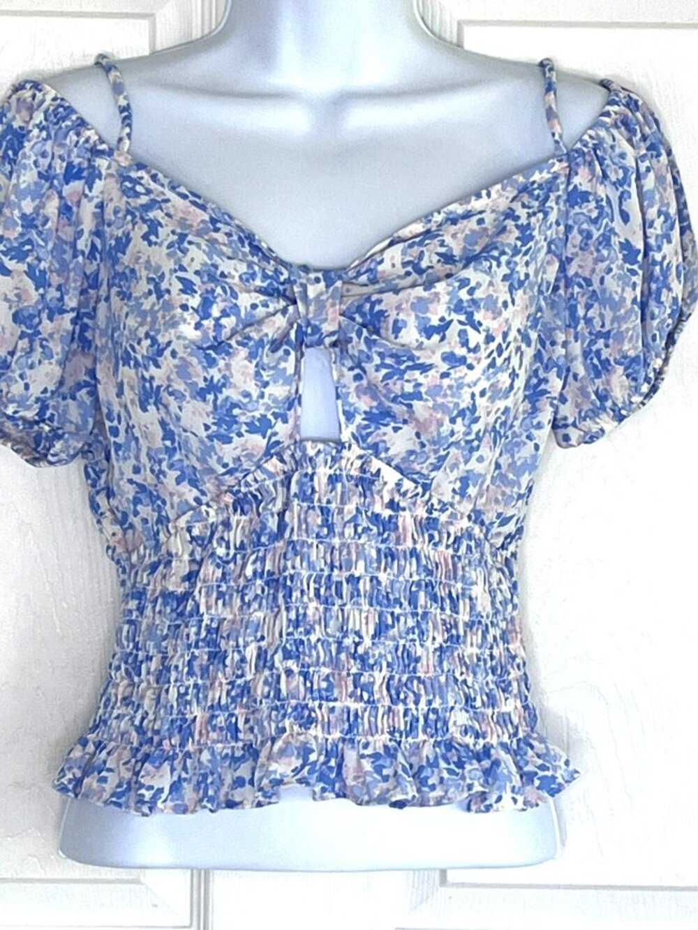 Smocked Crop Top sz L Ruffled Hem Puff Sleeve Floral Coquette Milkmaid Fairy Y2K - Picture 1 of 5